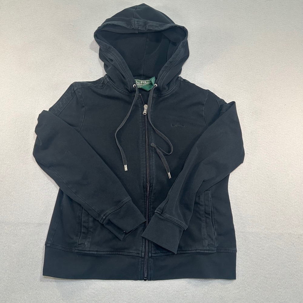 Lauren Ralph Lauren Hoodie Women PM Black Active Full Zip Stripe Sleeve Logo